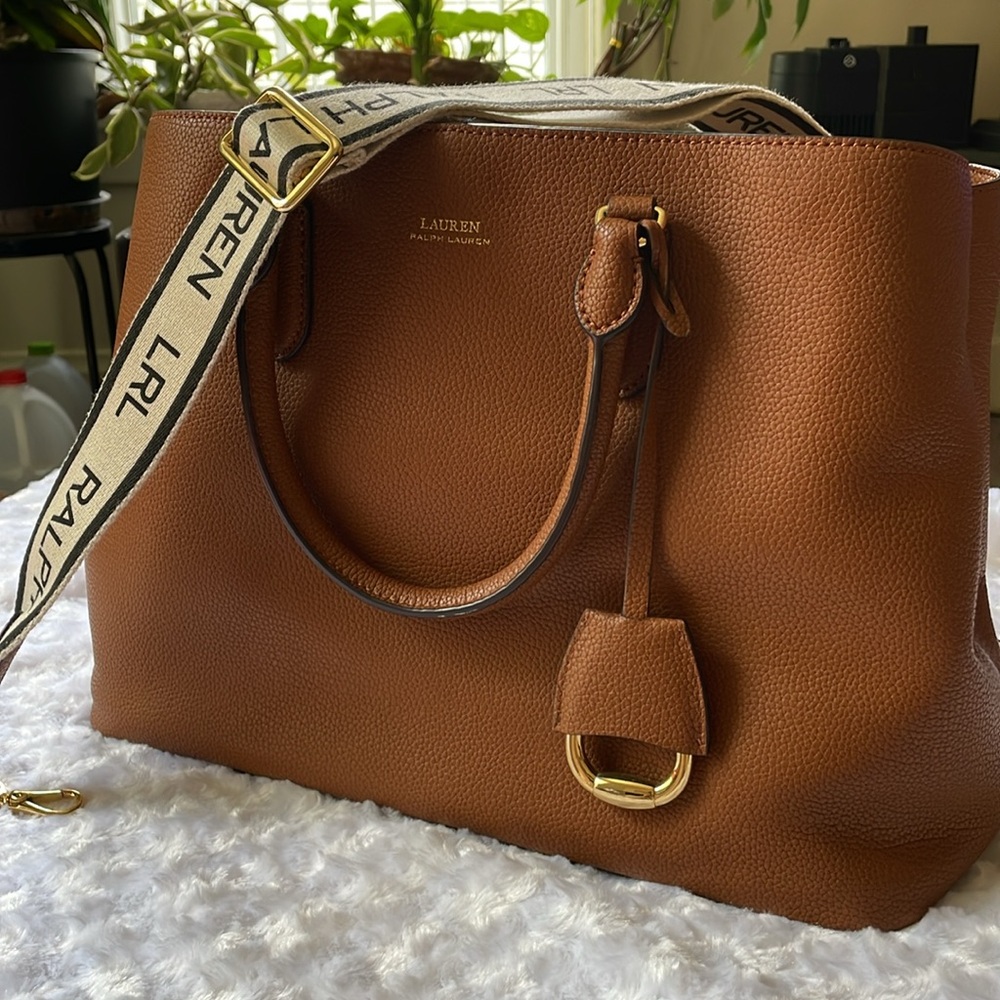 Lauren Ralph Lauren Large Marcy Leather Satchel, Tan with Webbed Logo Strap